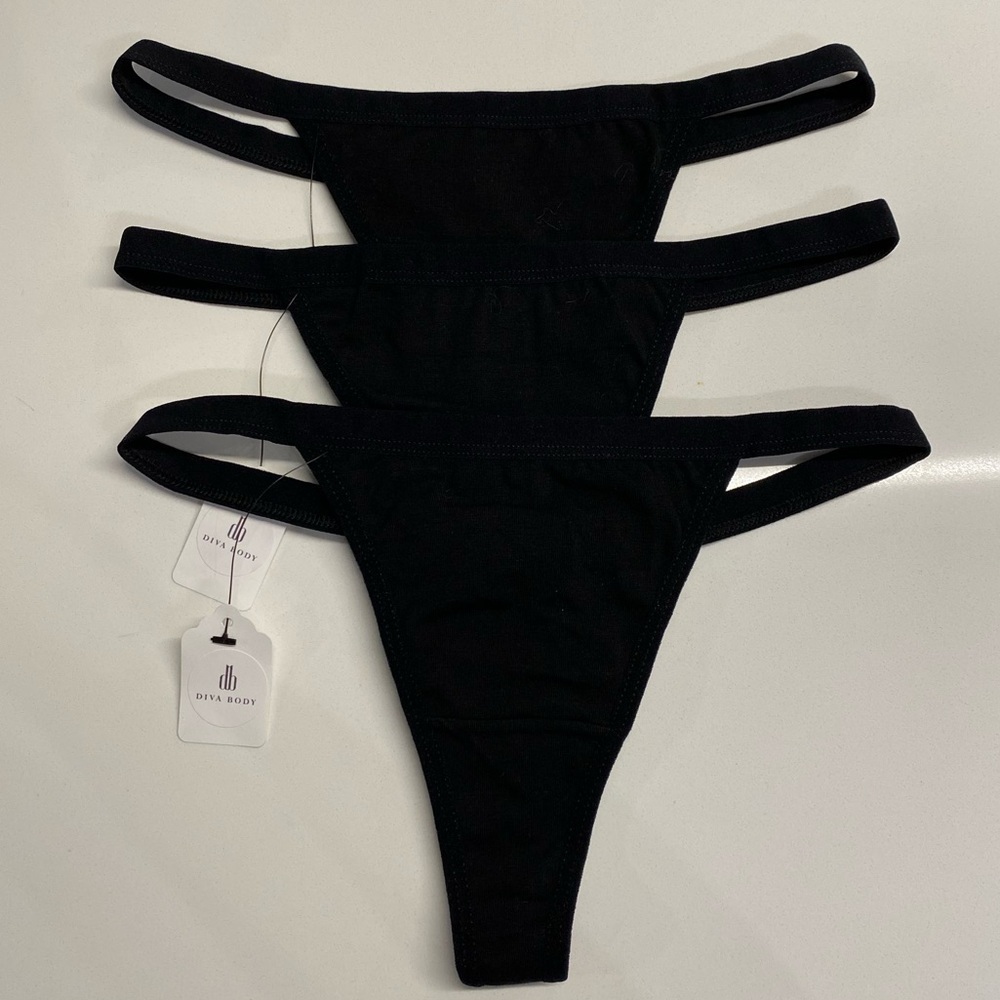 New Black Thong Panties Underwear Set of 3 Size Small Medium NWT